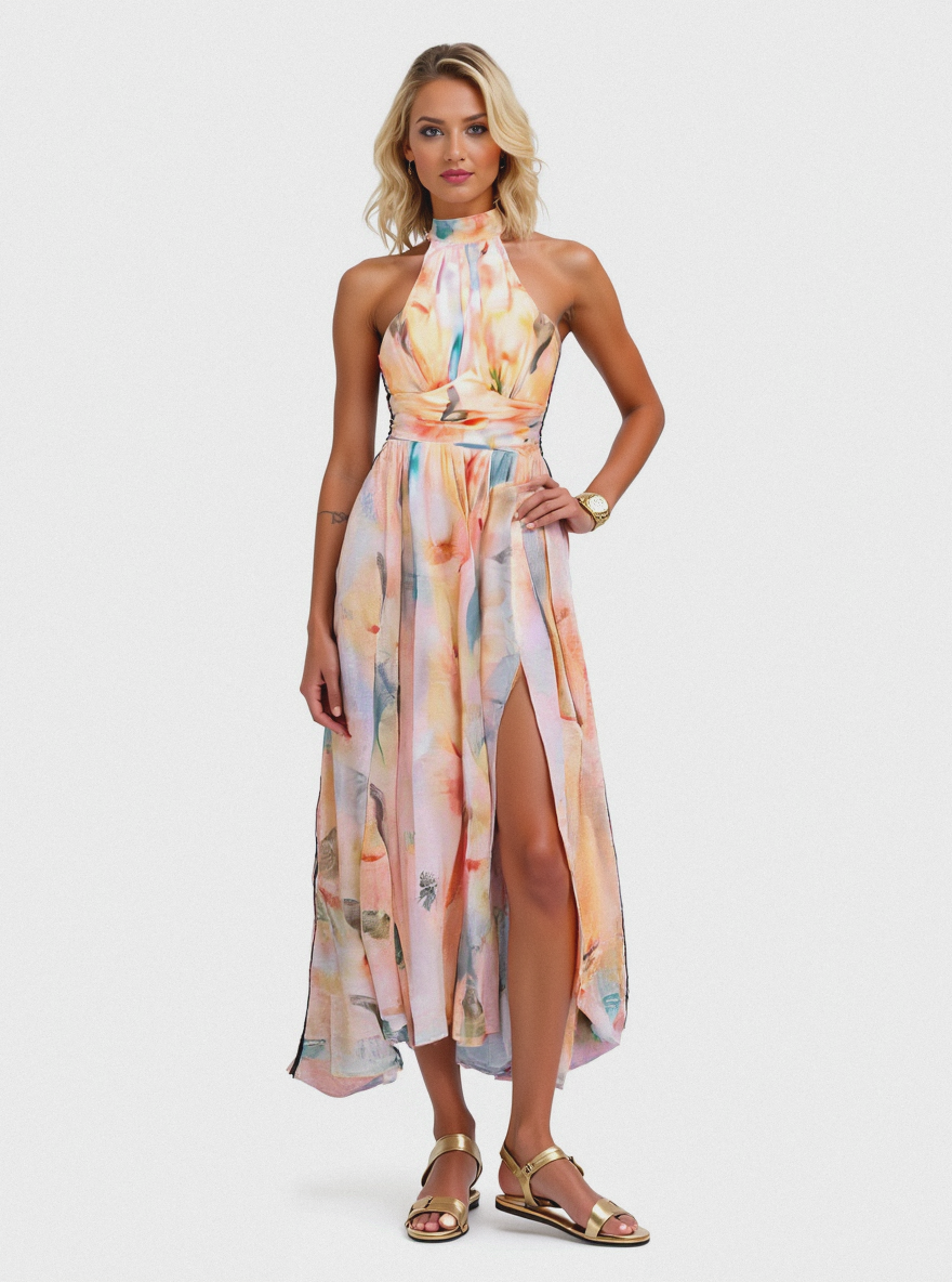 Élise | Robe longue dos nu à imprimé aquarelle