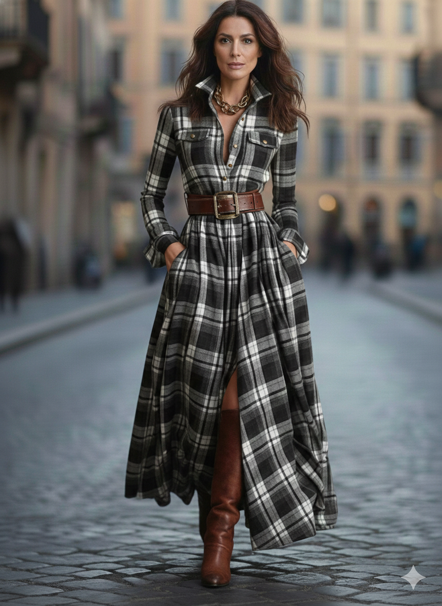 Juliette — Robe-chemise maxi élégante à carreaux