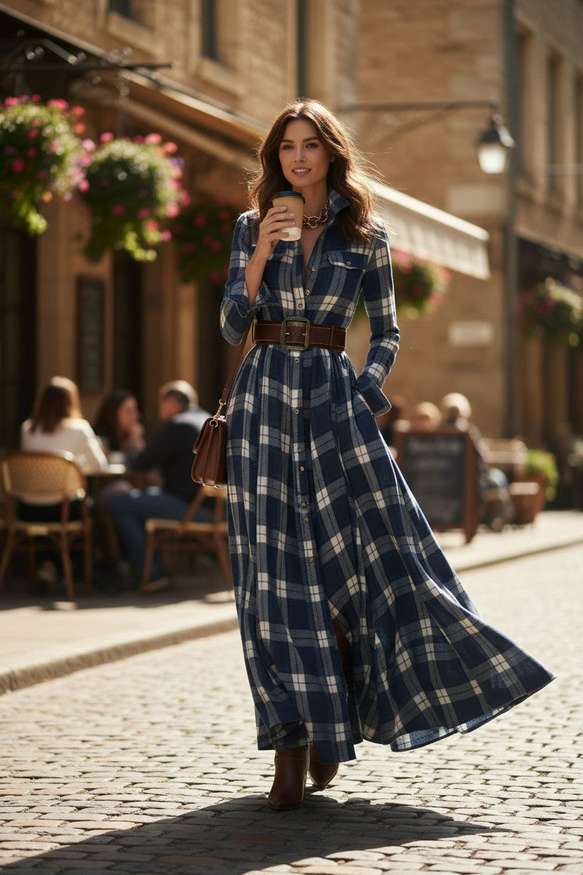 Juliette — Robe-chemise maxi élégante à carreaux