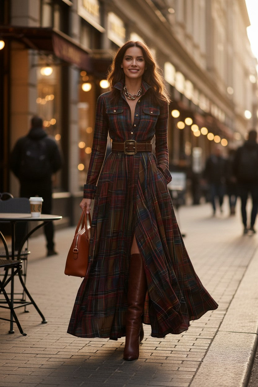 Juliette — Robe-chemise maxi élégante à carreaux