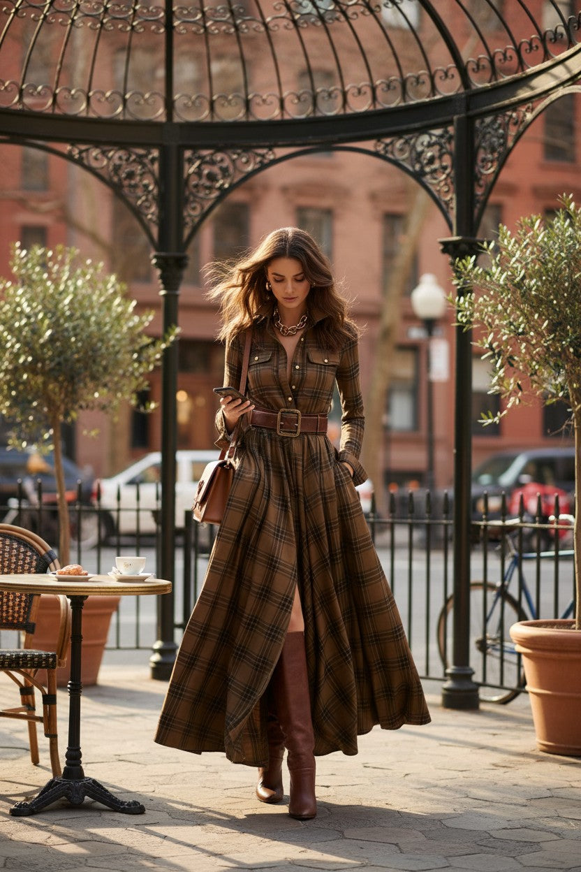 Juliette — Robe-chemise maxi élégante à carreaux