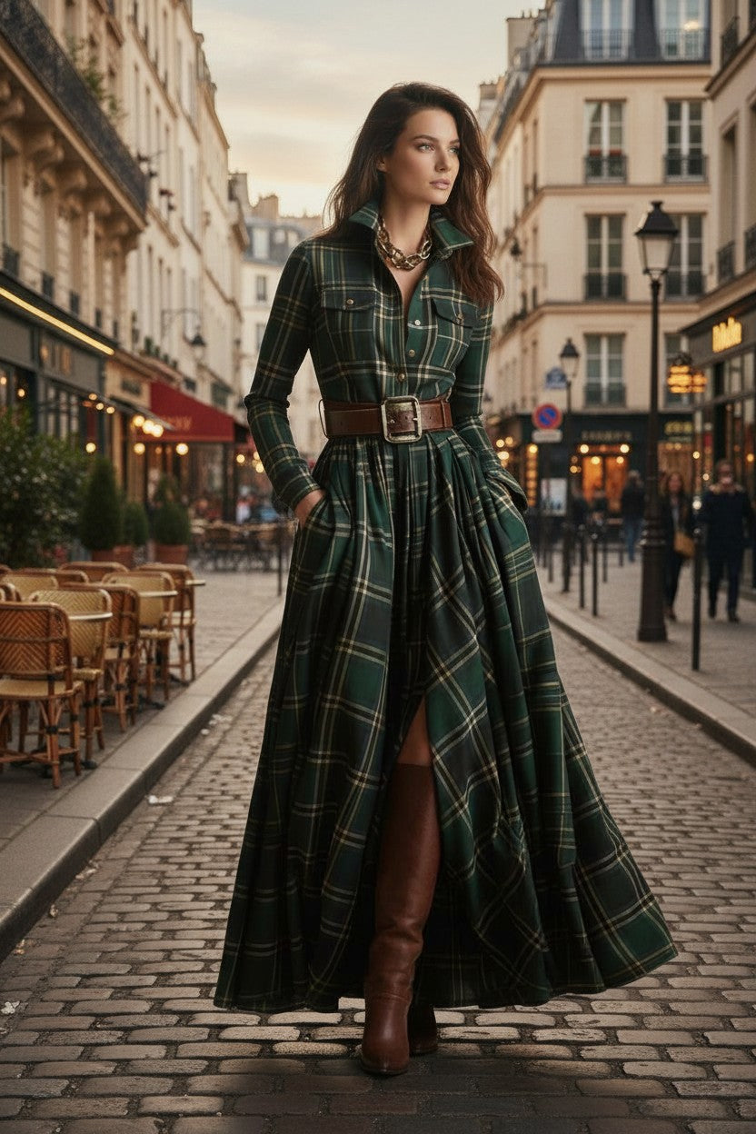 Juliette — Robe-chemise maxi élégante à carreaux